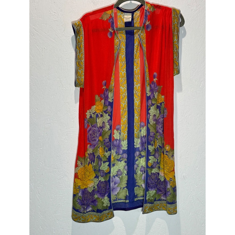 Vintage Gottex Israel Swim Cover Up Sheer Floral Mesh Kimono Vest Red Gold S